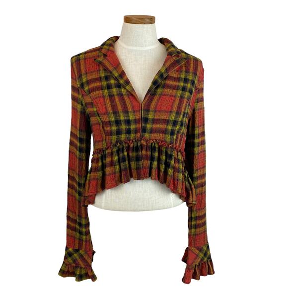 We The Free Tops - We The Free People Ruffled Up Plaid Shirt Jacket Women S Rust Boho Cowgirl FALL